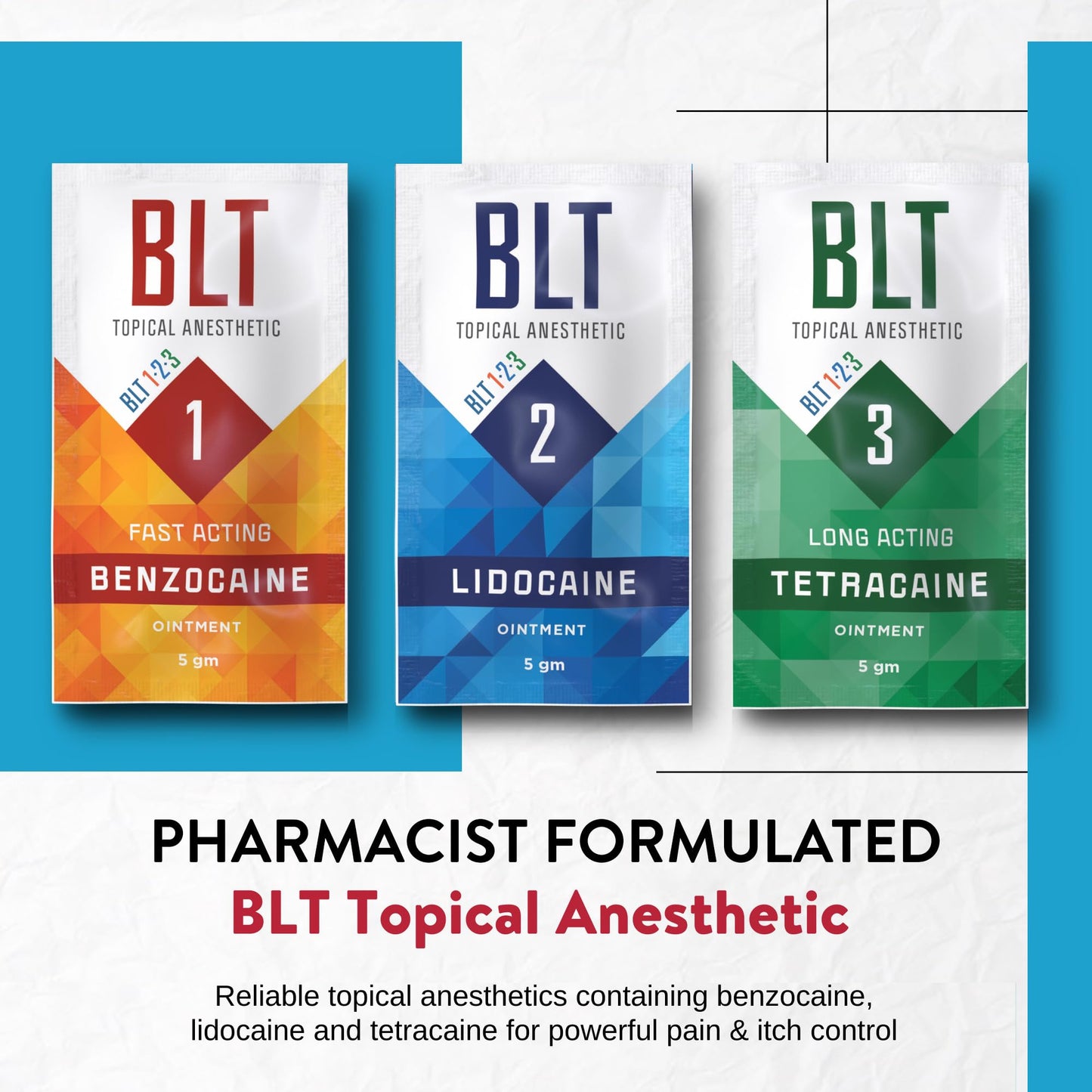 BLT Pain Numbing Creams - 2 Sets (Benzocaine, Lidocaine, Tetracaine), 6 Single-Use Sachets for Temporary Relief of Pain and Itching, Made in The United States