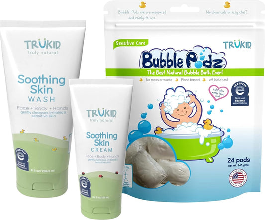 TruKid Eczema Relief Bundle - NEA-Approved Bubble Bath, Skin Cream & Body Wash | All-Natural, Unscented, Hydrating & Moisturizing for Sensitive Skin | 3-Piece Set