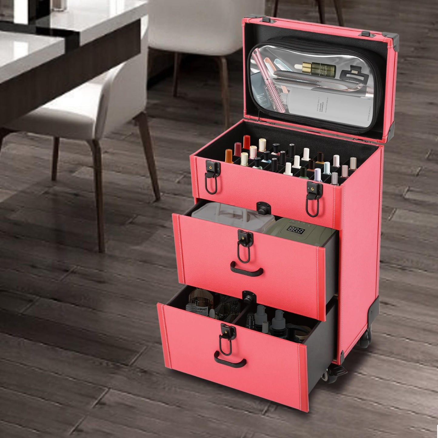 EcoTypee Rolling Makeup Trolley Case, Nail Polish Organizer, Jewelry Travel Cosmetic Case with Drawer