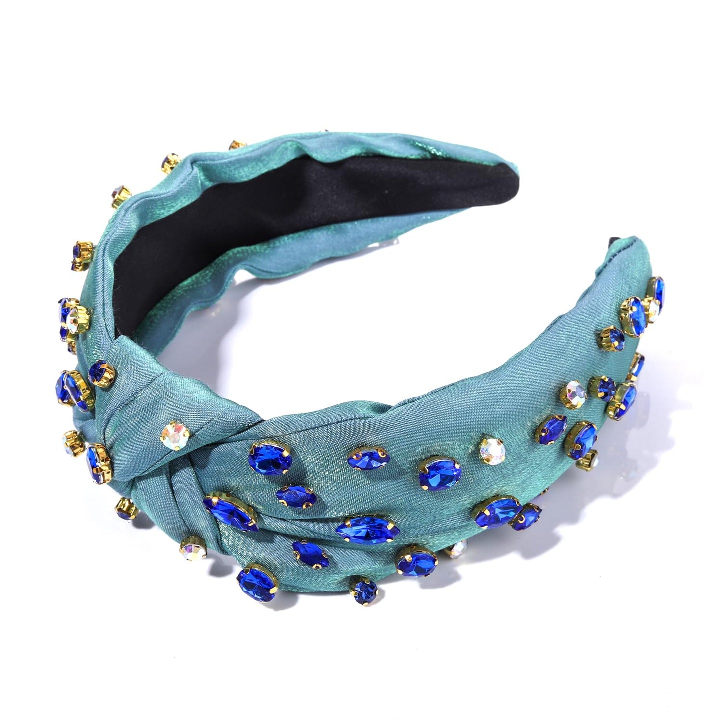 Crystal Velvet Headband Cross Knotted Turban Headdress Colorful rhinestone Statement Wide Hair Band Hoop Accessories For Women Girls (Blue B237)