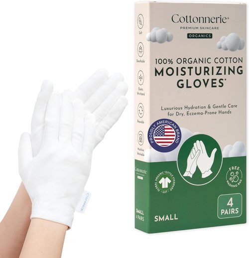 Cottonnerie Organic Cotton Gloves - Moisturizing Overnight Hand Care | 4 Pairs for Dry Hands