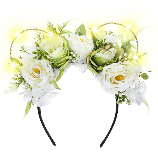 VISSTREE LED White Rose Flower Mouse Ears Headwear - Light Up Floral Ears Headband for Women Girls Themed Birthday Halloween Wedding Party and Park Trip