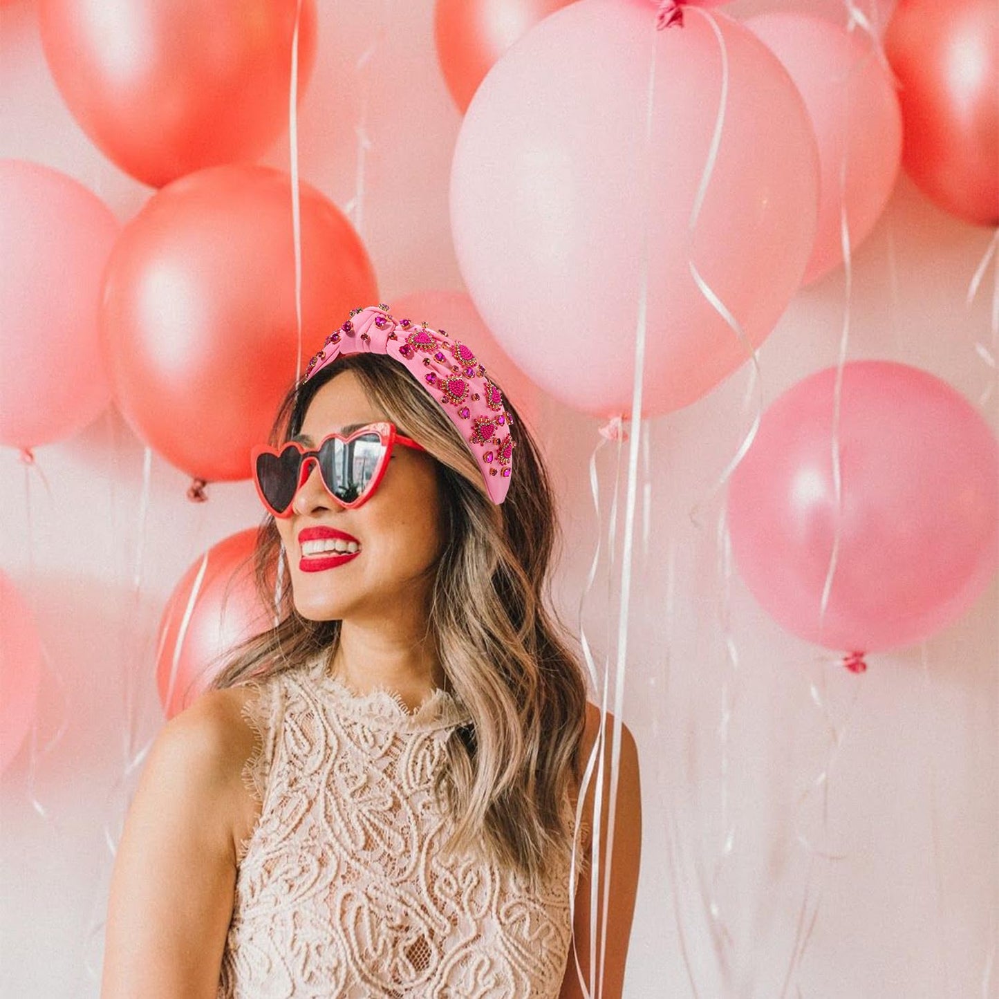 NVENF Women's Jeweled Crystal Rhinestone Knotted Headband - Red Pink Wide Top Knot Hair Accessory Gift