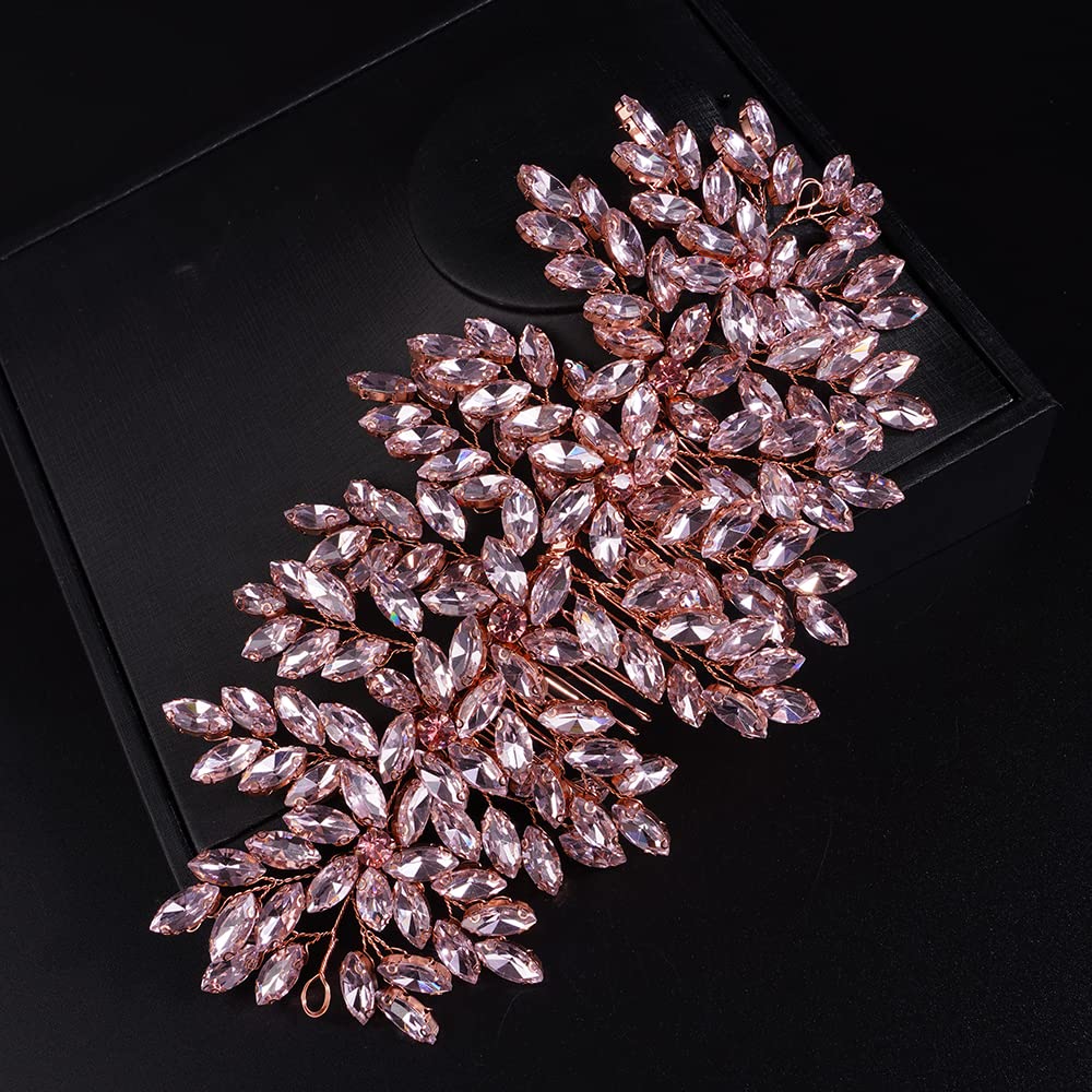 Teyglen Large Full Rhinestones Flower Bride Wedding Hair Comb Headband Luxurious Hair Accessories Dainty Pink Crystals Bridal Side Hair Combs for Women Bride Girls (Pink)