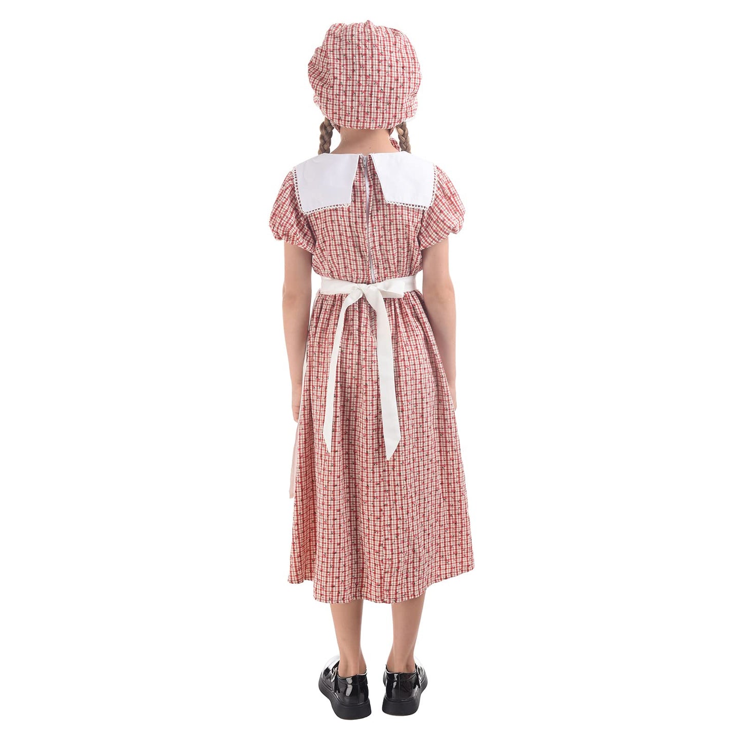 LTAKK Prairie Dresses Girls Pioneer Colonial Costume Girl Pilgrim Dress with Apron and Bonnet, Red Plaid Floral, XXL