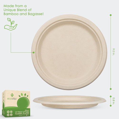 Ecovita 100% Compostable Paper Plates - 9-Inch Eco-Friendly, Sturdy & Heat Resistant | 150 Count