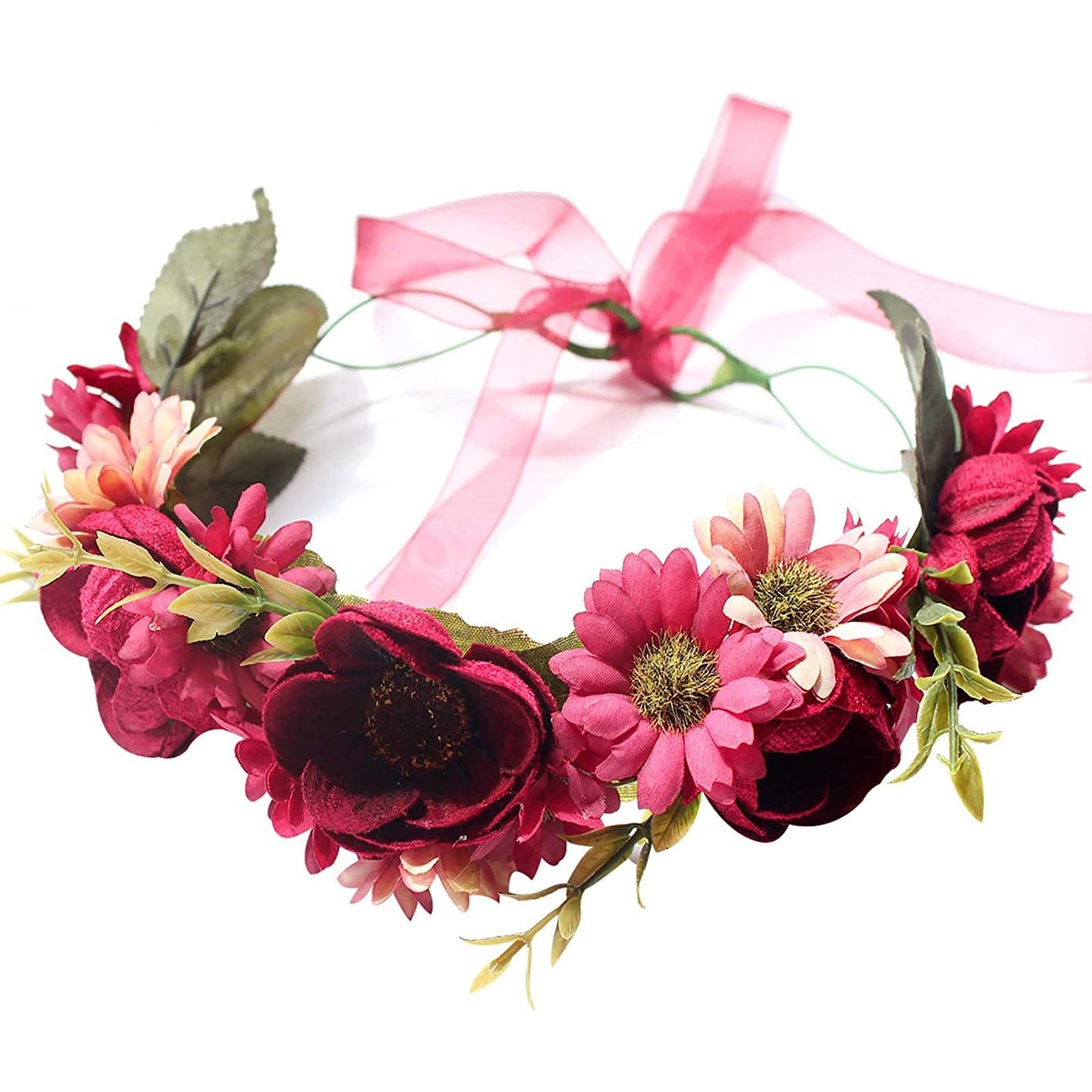 YnimioAOX Handmade Adjustable Flower Wreath Headband Halo Floral Crown Garland Headpiece,A14-wine red