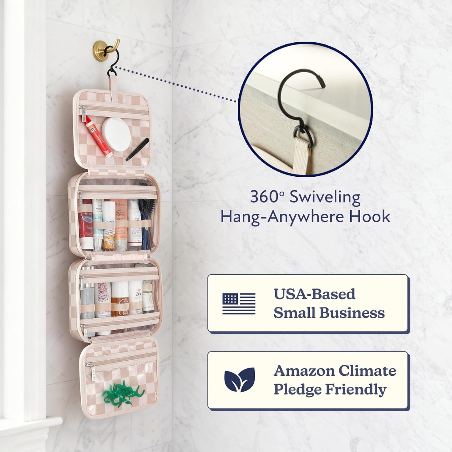 VANDEL Waterproof Hanging Toiletry Bag - TSA-Approved Makeup Organizer for Travel | Neutral Checker Design