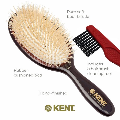 Kent CSGM Classic Shine Medium Oval Cushion Straightening Brush - Soft White Boar Bristle for Fine Hair