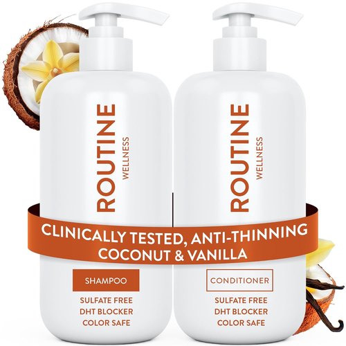Routine Wellness Anti-Thinning Shampoo & Conditioner Set - Biotin DHT Blocker for Thinning Hair - Color Safe Coconut & Vanilla (Pack of 2)