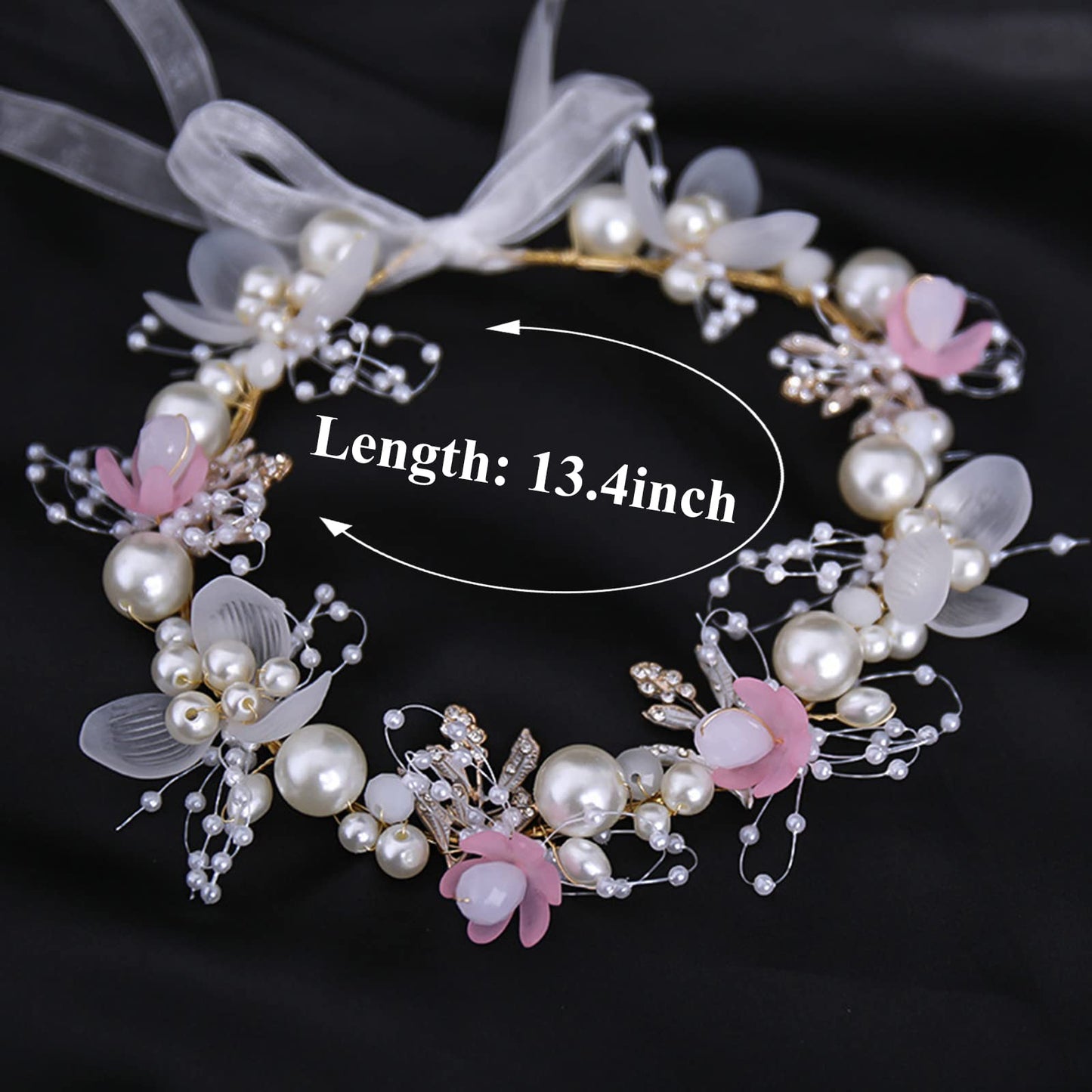 Kids Flower Girl Pearl Headband, Princess Headpiece for Bridal Wedding, Women's Fashion Hair Accessory (Pink)