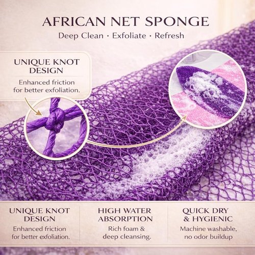 African Net Sponge | Authentic Exfoliating Body Back Scrubber - 3-Piece Set in Purple, Pink & Olive Green