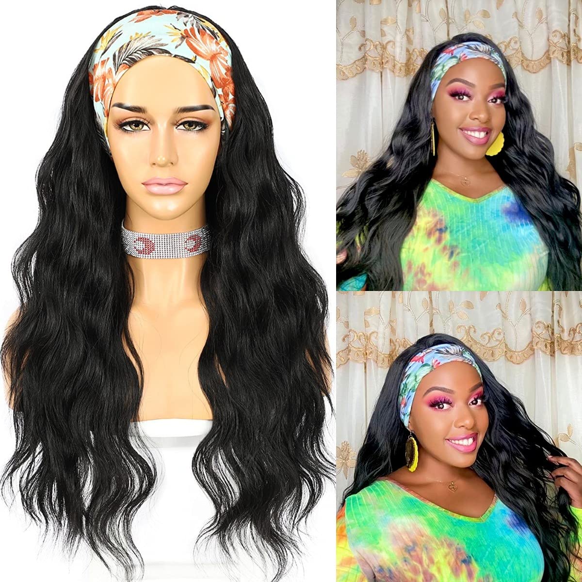 SAPPHIREWIGS Glueless Headband Wig Loose Body Wavy Synthetic Hair Wigs for Black Women Wave None Lace Front Wigs Natural Black Color Machine Made Wigs 150% Density 26inch