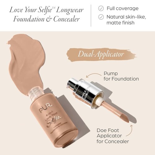 PÜR MINERALS 4-in-1 Love Your Selfie Foundation - Full Coverage, Hydrating Liquid Concealer, 1.0 oz