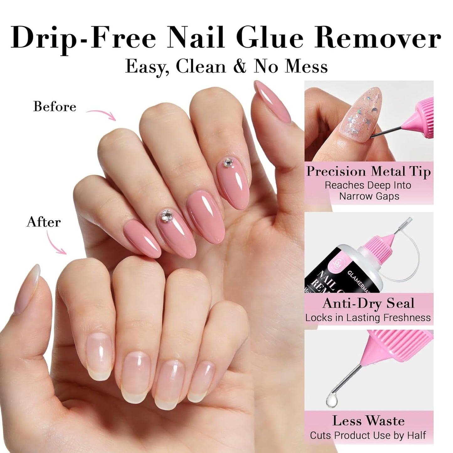 GLAMERMAID 50 ml Pinpoint Nail Glue Remover for Press on Nails Non-Acetone with 3 Orangewood Sticks, Multifunctional Gentle Glue Remover for Nails Tips Acrylic Nails Fake Nails