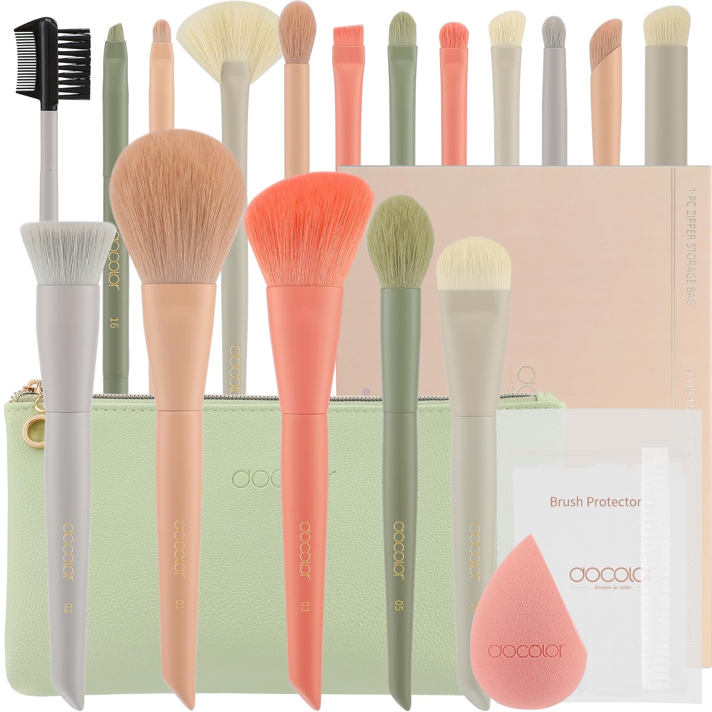 Docolor Makeup Brushes 17 Pcs with Makeup Bag and Makeup Sponge and Brush Protector Morandi Makeup Brush Set Premium Synthetic hair makeup brush Wooden handle eyeshadow brush set