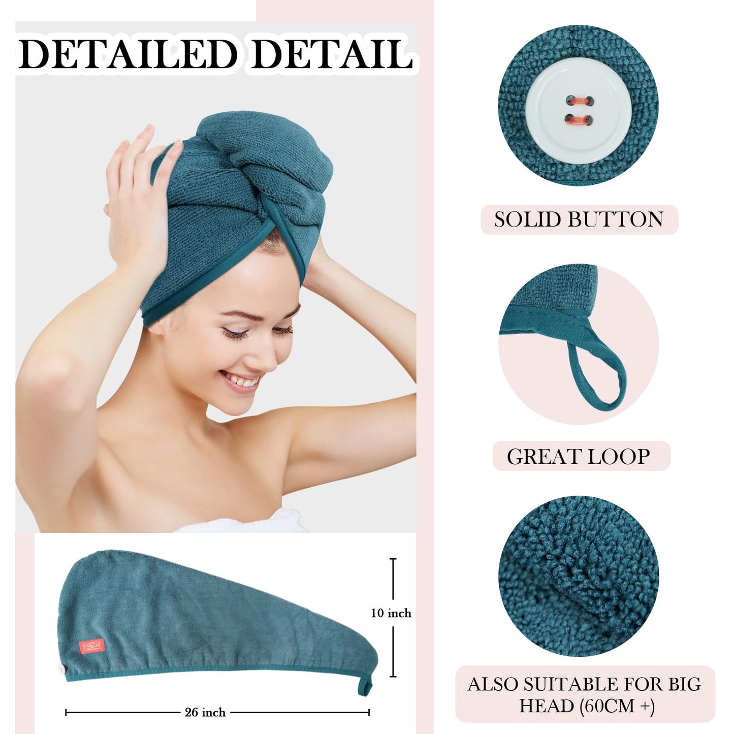 YoulerTex Ultra Plush Microfiber Hair Towel Wrap for Women, 2 Pack 10 inch X 26inch Purple, Ultra Absorbent Twist Hair Turban Drying Cap Hair Wrap, for Drying Curly, Long & Thick Hair (Haze Blue)