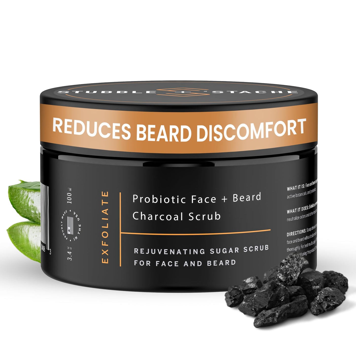 stubble & stache Exfoliating Probiotic Face & Beard Charcoal Sugar Scrub for Men - Deep Cleanse, Pre-Shave Wash, Natural Pore Minimizing Scrub for Daily Use - 3.4 fl oz