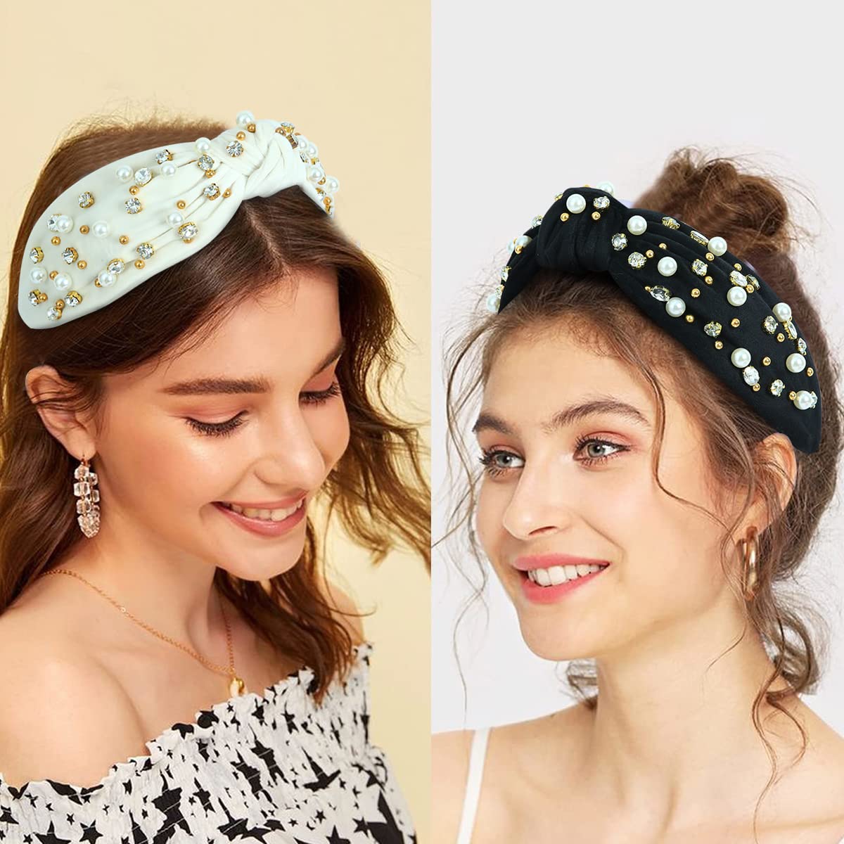 CULHEITE 2 Pack Pearly Knotted Women Headband Jeweled Embellished Gem Hairband White Black Set Luxury Fashion Hair Accessories for Women Mother's Day Gifts