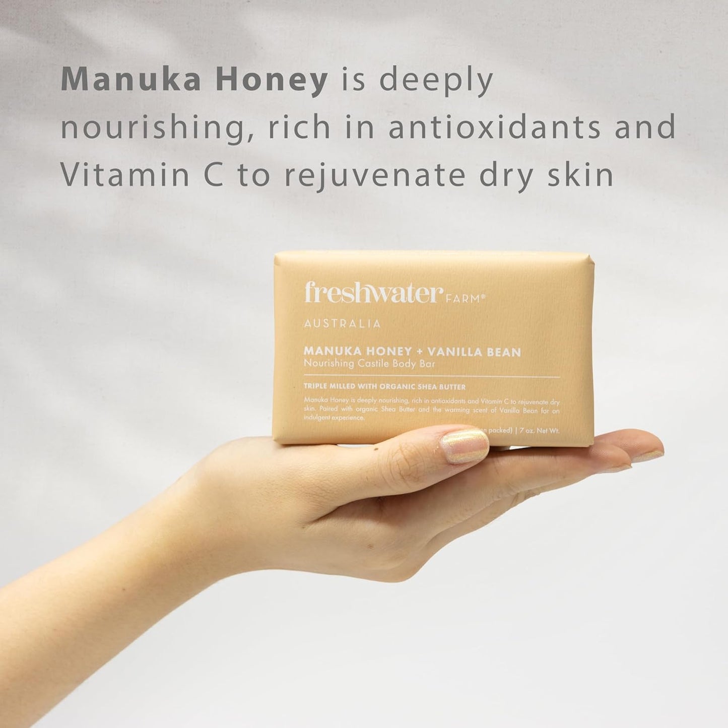 Freshwater Farm Australia Castile Body Soap Bar - Soothing Manuka Honey & Vanilla Bean | 7 oz, 8-Pack for Dry Skin