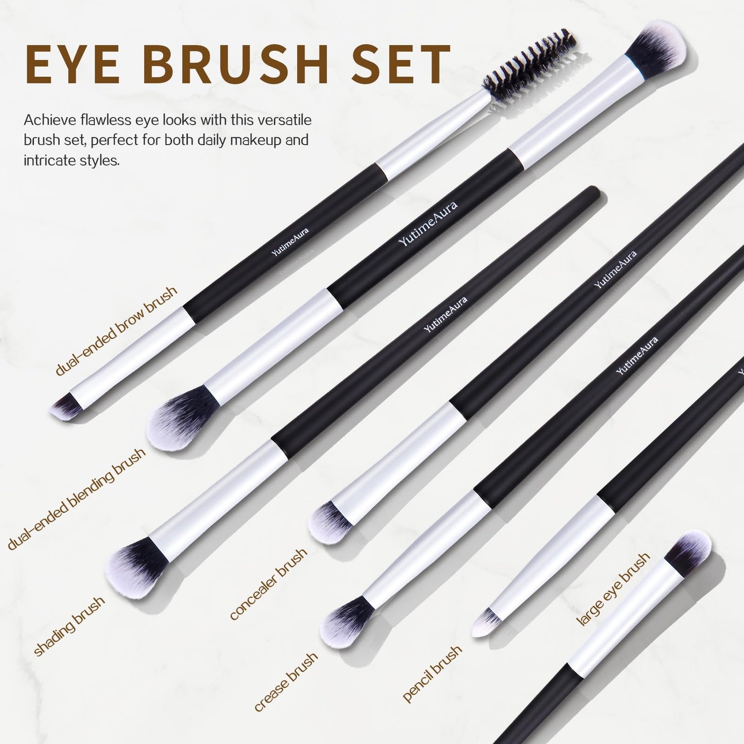 YutimeAura Makeup Brush Set 10pc, Dual-Ended Makeup Brushes For Bronzer, Contour, Eyeshadow, Blush, Concealer, Foundation