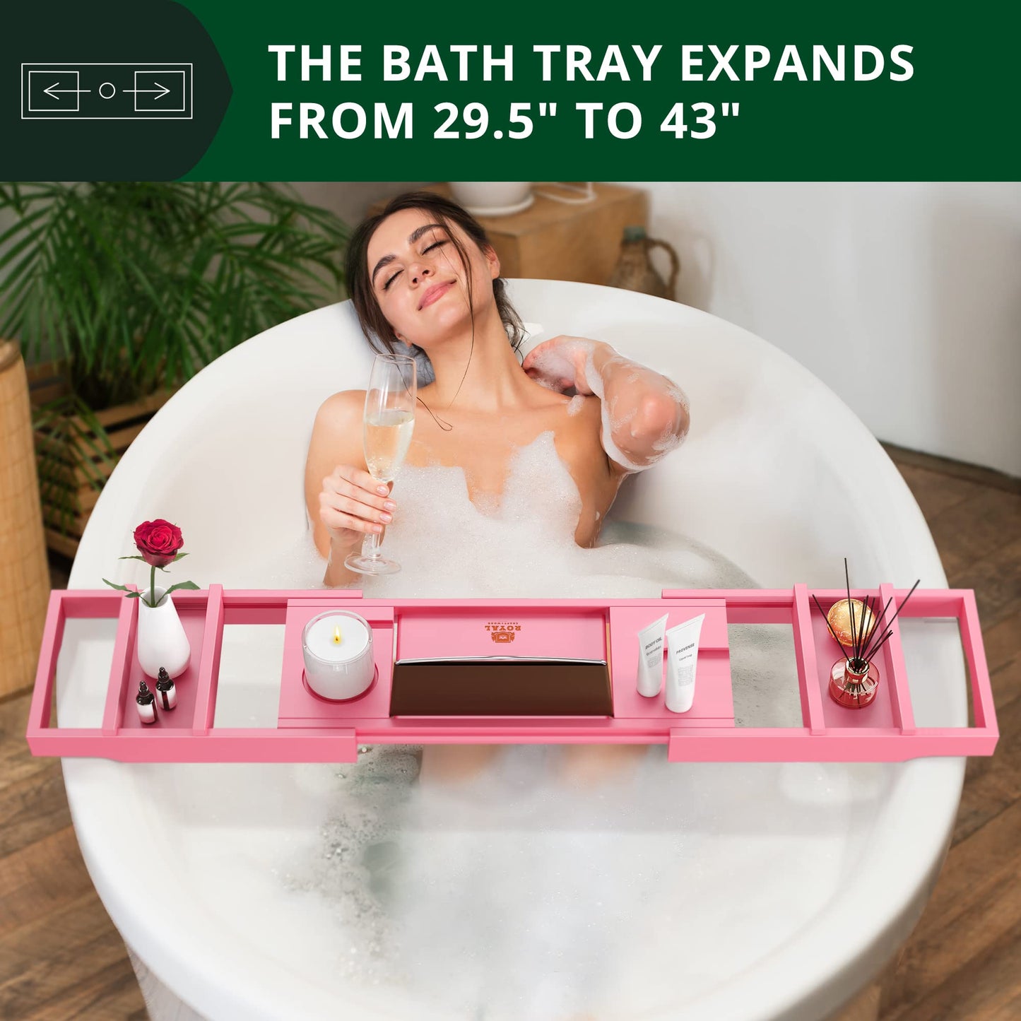 ROYAL CRAFT WOOD Luxury Bathtub Caddy Tray, One or Two Person Bath and Bed Tray, Bonus Free Soap Holder (Pink)