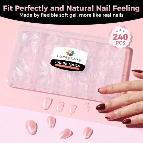 Luckyfairy Extra Short Almond Nail Tips, 240pcs Soft Gel Pre-Shaped Acrylic Fake Nails, Half Matte Full Cover Clear Gelly Press on Flase Nail Tips for Extension Nail Manicure Home DIY 12 Sizes