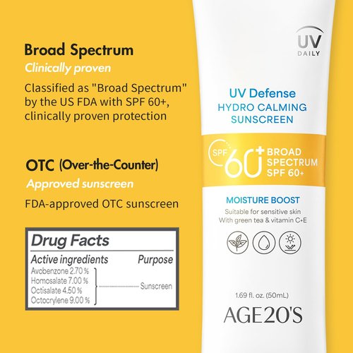 AGE20'S UV Defense Hydro Calming Sunscreen SPF 60+ - Moisturizing, Lightweight Formula with Green Tea & Aloe Vera | 1.69 fl. oz*2