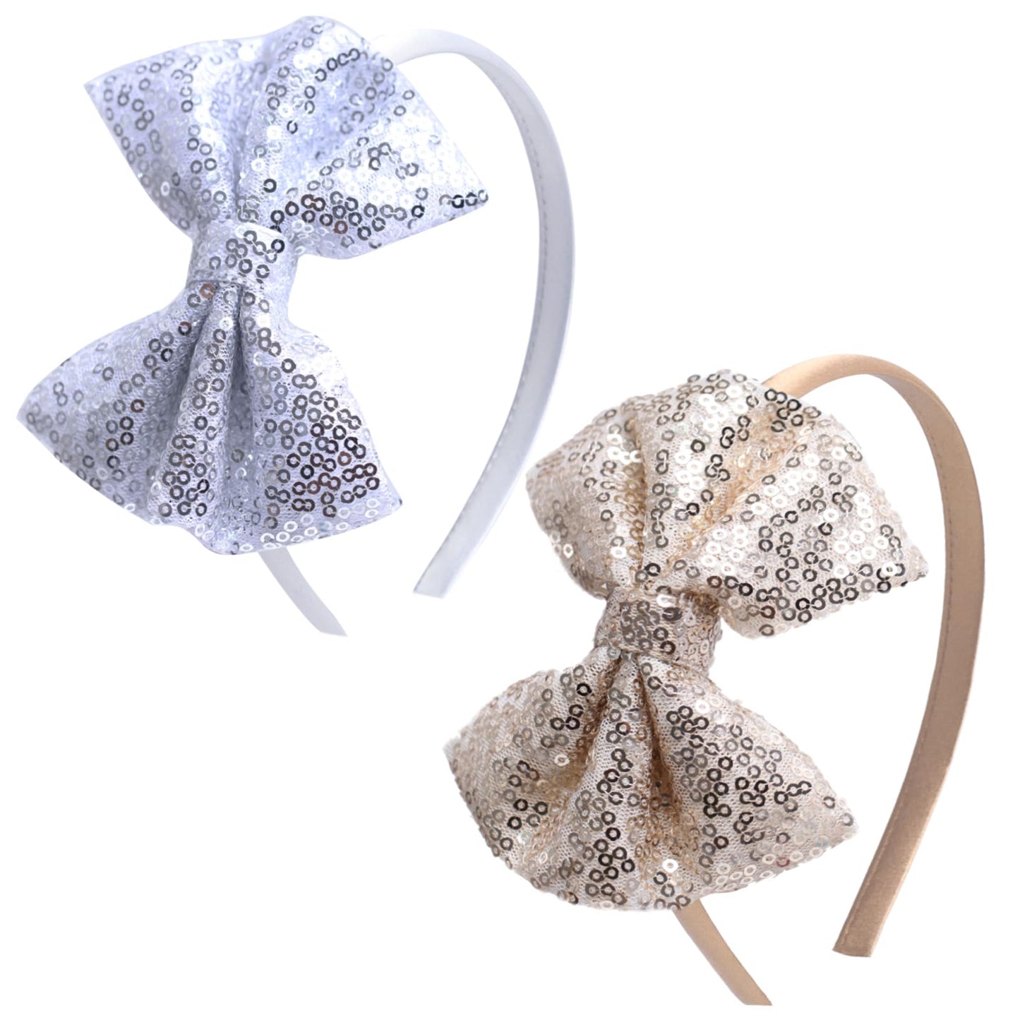 Kiszu Sparkly Sequin Hair Bow Headbands Fashion Glitter Cute Boutique Ribbon Bows for Girls, Kids, and Women (Sliver,Gold)