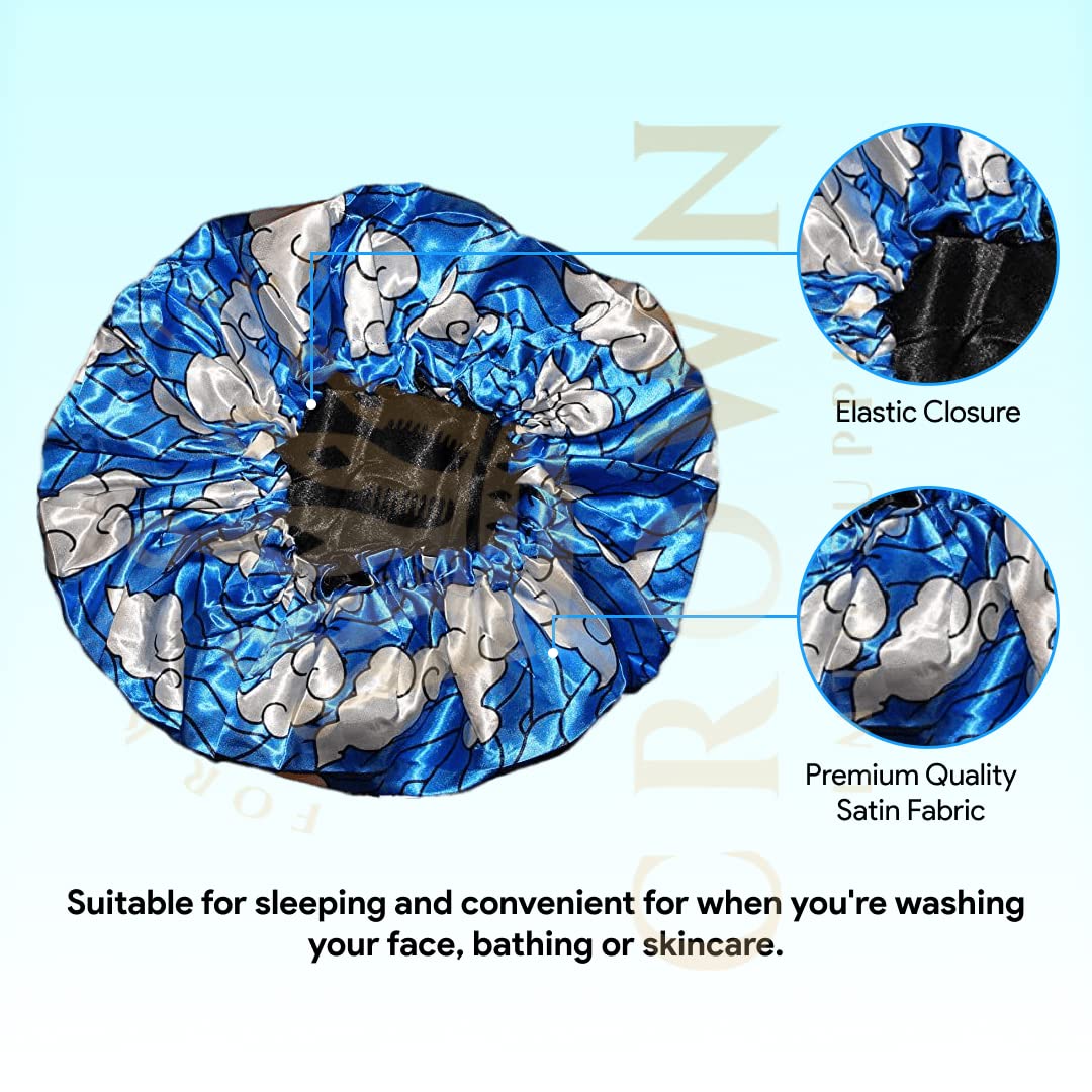 Large Bonnet - Silky Satin Bonnet with Elastic Soft Band (Blue White Water Clouds)
