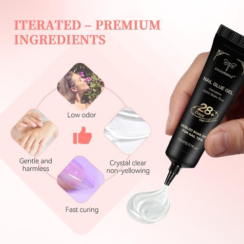 COLOURSMILE 15ml Strong Gel Nail Glue - Lamp Cured Soak Off, Adhesive for Acrylic Fake Nails, Tips Extension & Press On Gelly Nails