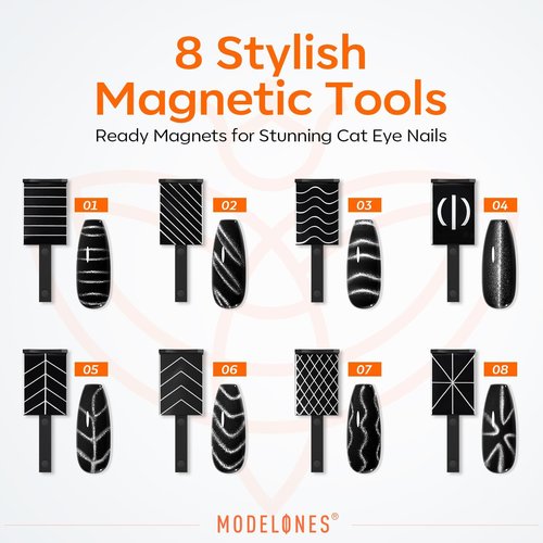 modelones Cat Eye Magnet Set, 15PCS French Cateye Gel Nail Polish Magnet Nail Art Tools Set Heart Magnet for Cat Eye Magnet Square Round Magnet Stick Diverse Glassy Cateye Effect for Women