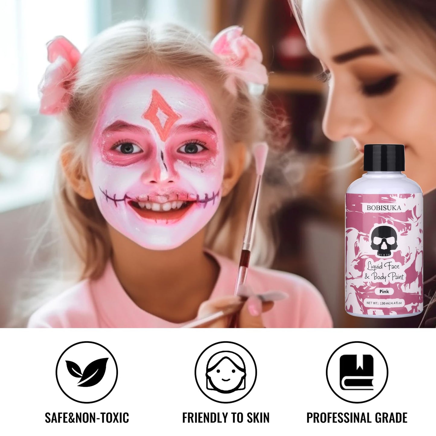 BOBISUKA Pink Face Body Paint Liquid Texture Washable Non Toxic Facepaint Fast Drying Foundation Makeup for Halloween Clown Cosplay SFX Costume Party Large Capacity(130ml)