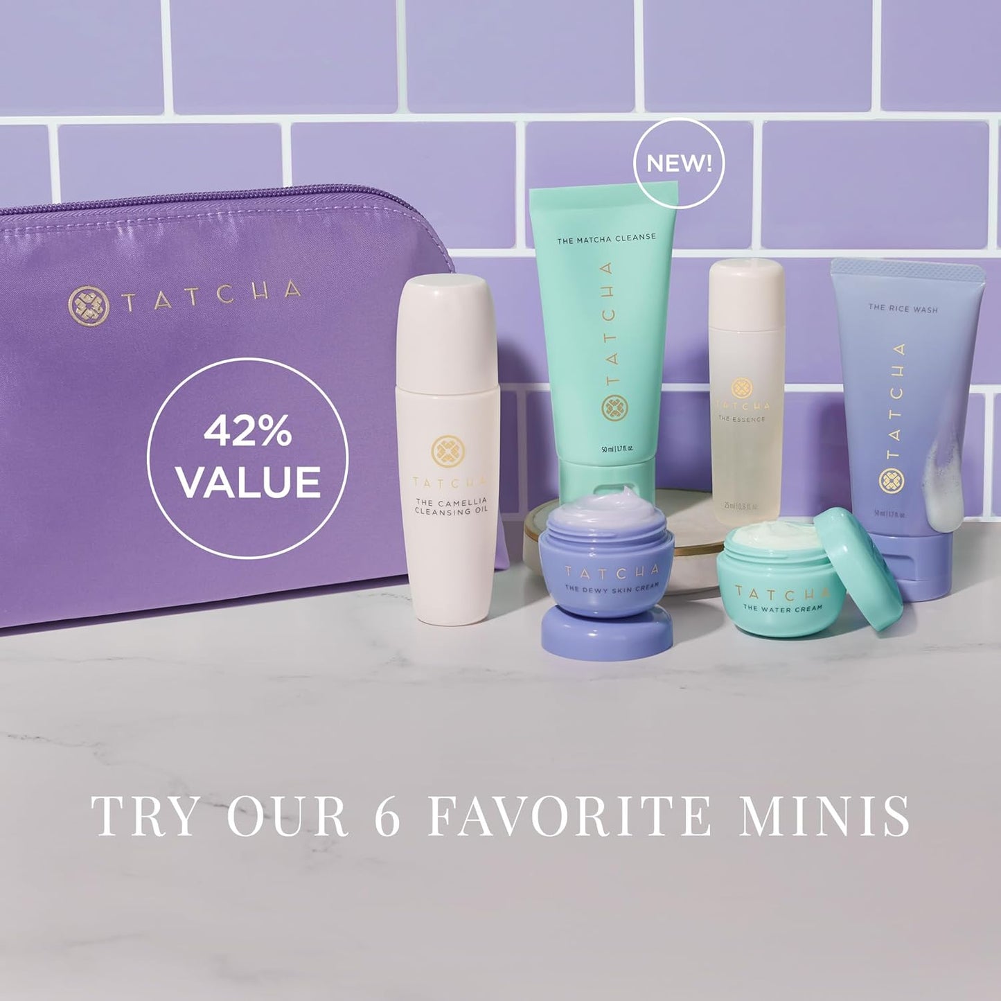 TATCHA Mini Favorites Set - Travel-Sized Bestselling Cleansers, Essence & Moisturizers | $120 Value