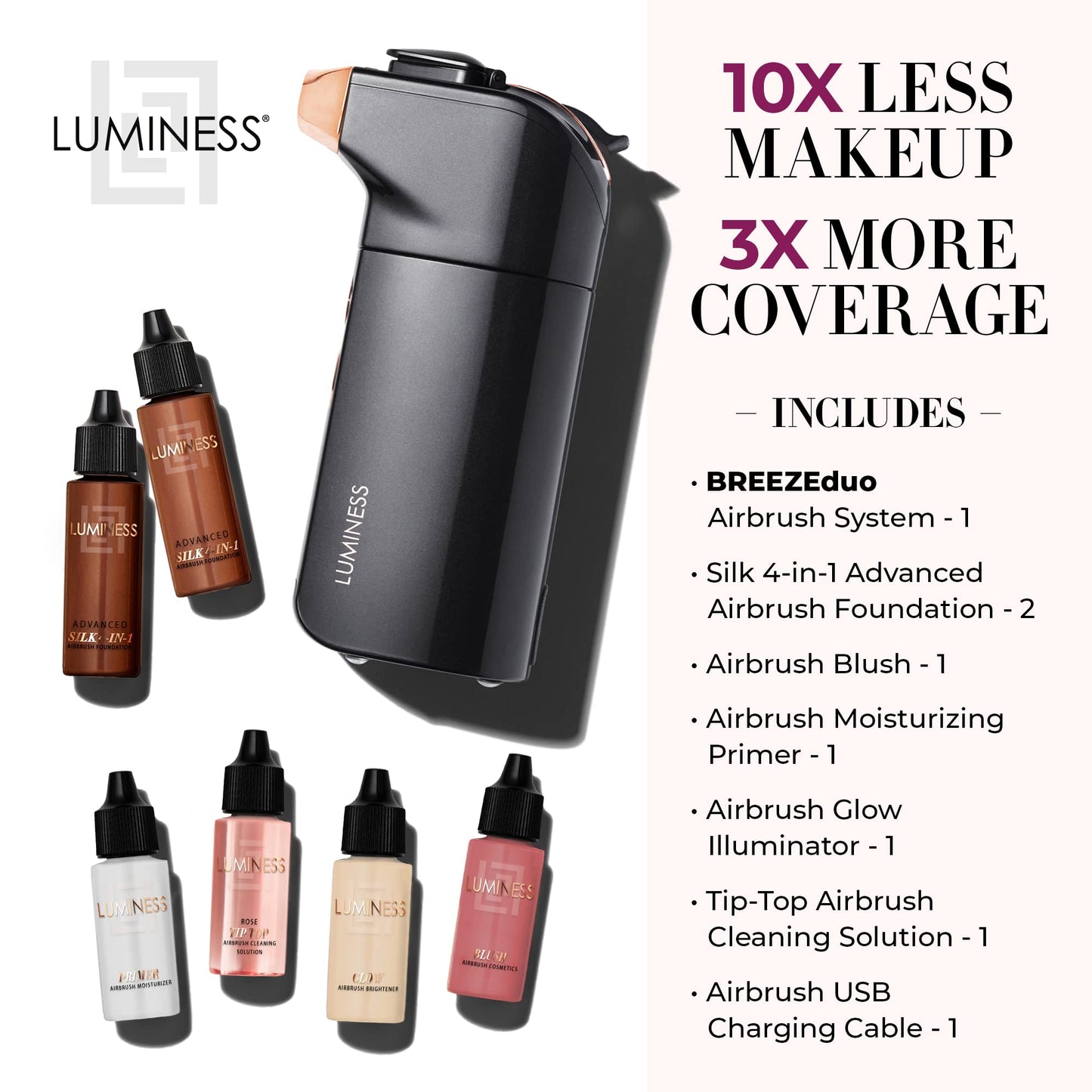 Luminess BREEZE DUO Airbrush Makeup System, Rich Coverage – 9-Piece Kit includes 2x Silk Airbrush Foundation, Plum Shade Blush, Glow Highlighter, Moisturizer Primer, and Airbrush Cleaning Solution