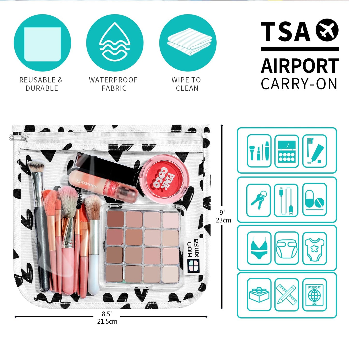 HIONXMGA TSA Approved Toiletry Bag, Set of 3 Clear Travel Toiletry Bag Quart Size Zipper Travel Pouch, Waterproof Makeup Cosmetic Bag for Women Men Kids Toiletries Carry on, Hearts Large