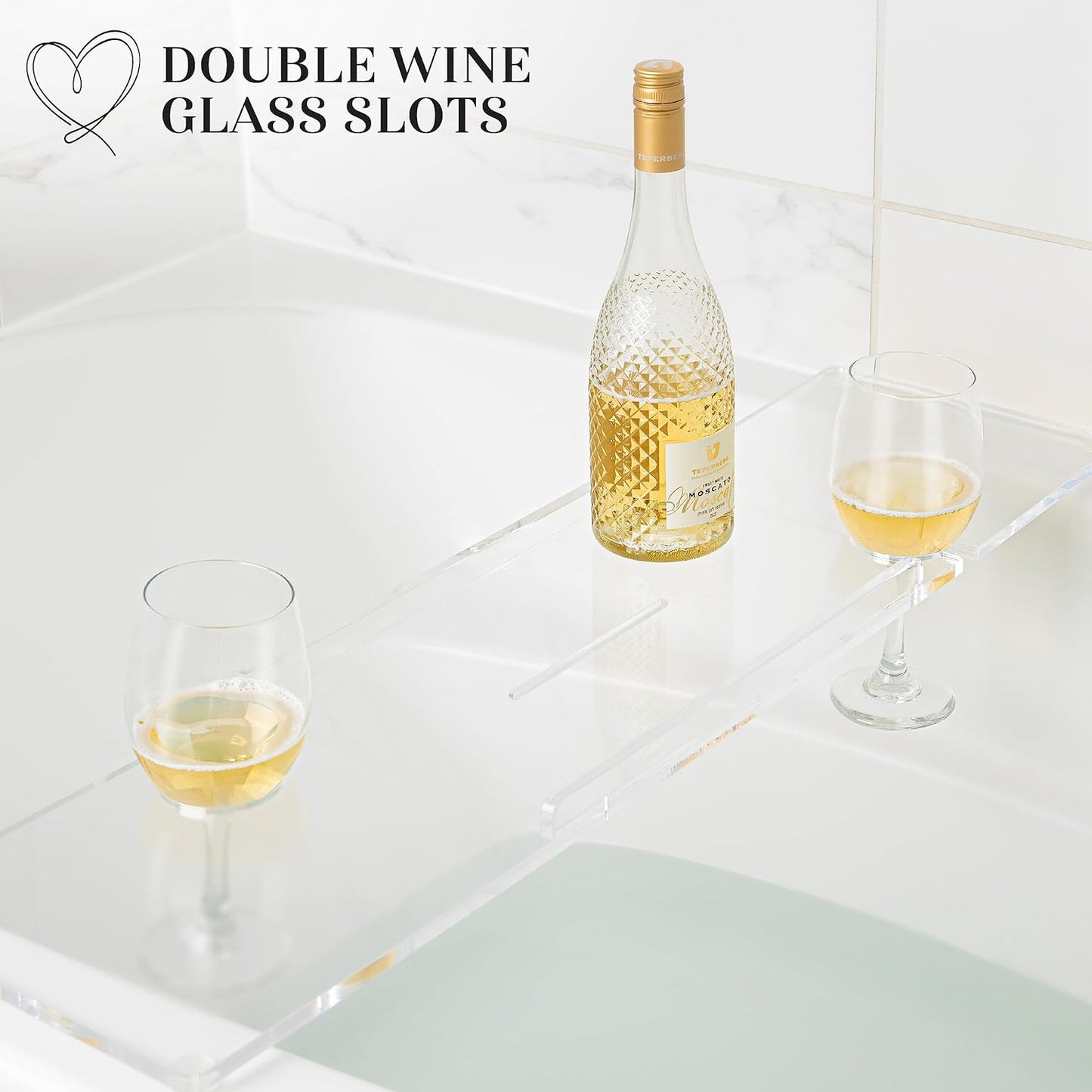 Supreme Plus Luxury Bathtub Tray Caddy - 3/8" Thick Clear Acrylic with iPad & Wine Glass Holders