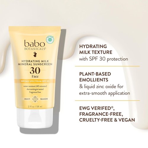 Babo Botanicals Hydrating Milk Sunscreen SPF 30 | Natural Zinc Oxide, Fragrance-Free, Water Resistant, Vegan, For Sensitive Skin