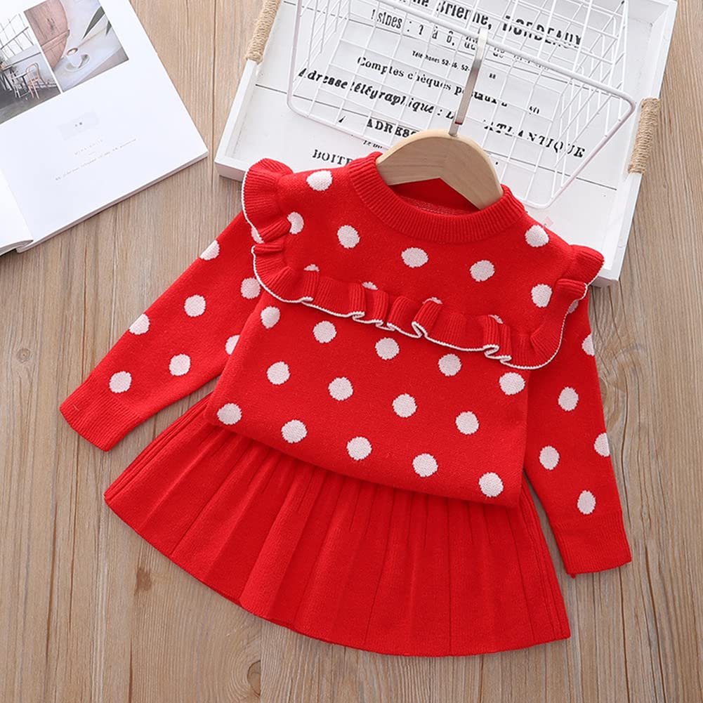 Baby Girls Autumn Winter Fall Clothes Knit Long Sleeve Ruffle Sweater Top+Pleated Mini Tutu Skirt 2pcs Outfit for Kids Princess Casual Playwear Homewear Clothing Set Red-Polka Dots 12-18 Months