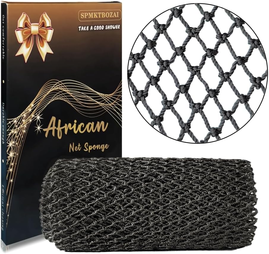 SPMKTBOZAI African Net Sponge - Authentic Exfoliating Bath Scrubber | Black, Real African Net Design