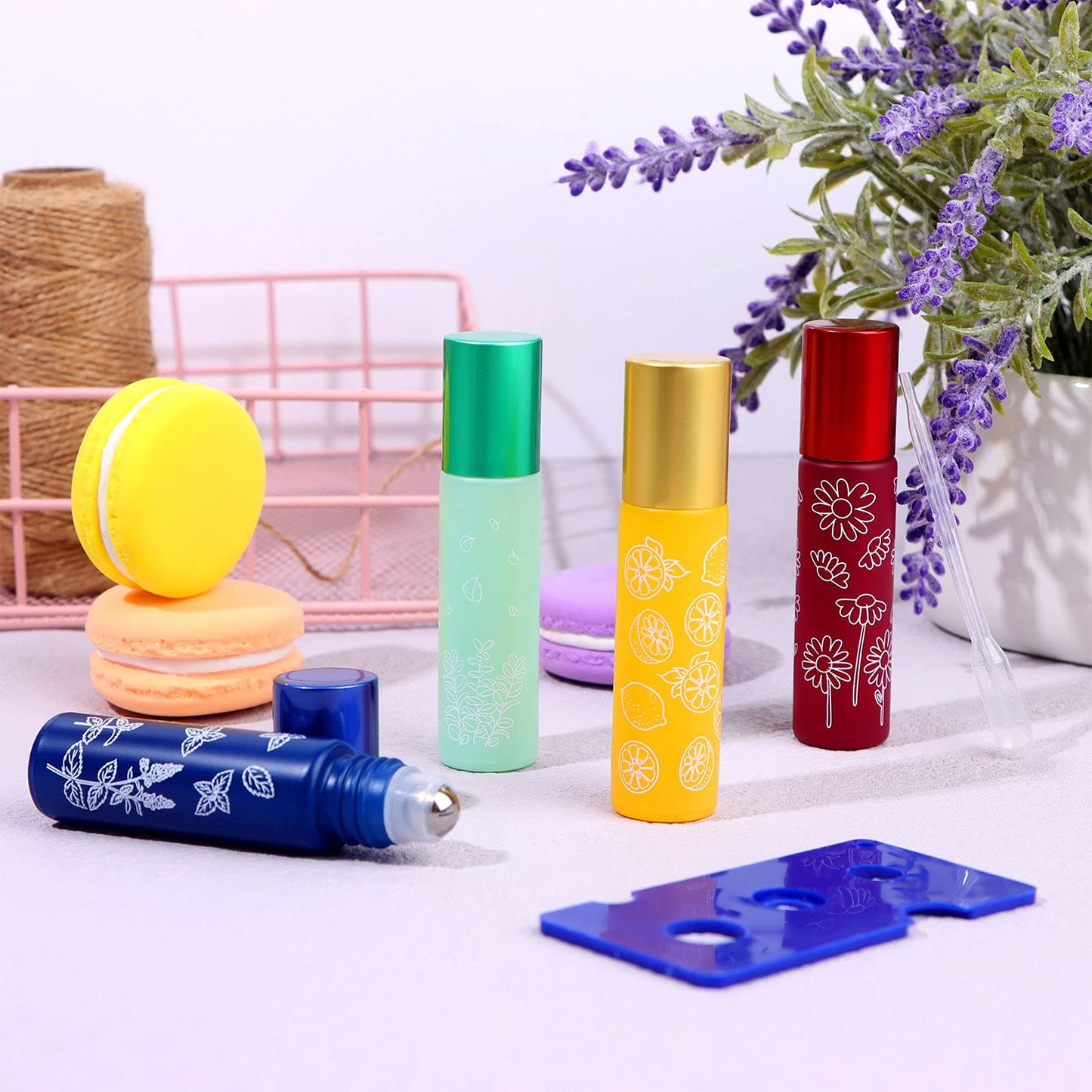 Essential Oil Roller Bottles,10ml Roll on Bottle with Stainless Steel Balls,8 Pack Portable Refillable Colorful Frosted Perfume Sample Bottles DIY Empty Containers for Lip Oil,Opener&Dropper included