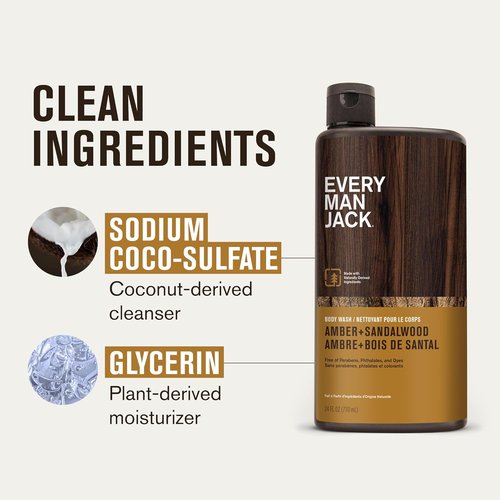 Every Man Jack Amber & Sandalwood Hydrating Body Wash - Nourish & Cleanse All Skin Types - 24oz (Pack of 2)