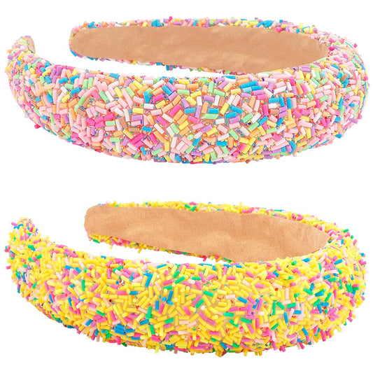 AHONEY 2 Pack Candy headband Thick Padded Headband for Women Girls, Cute Headbands Sprinkles Wide Head Band Non Slip Glitter Birthday Hair Accessories for Girls (Pink&Yellow)