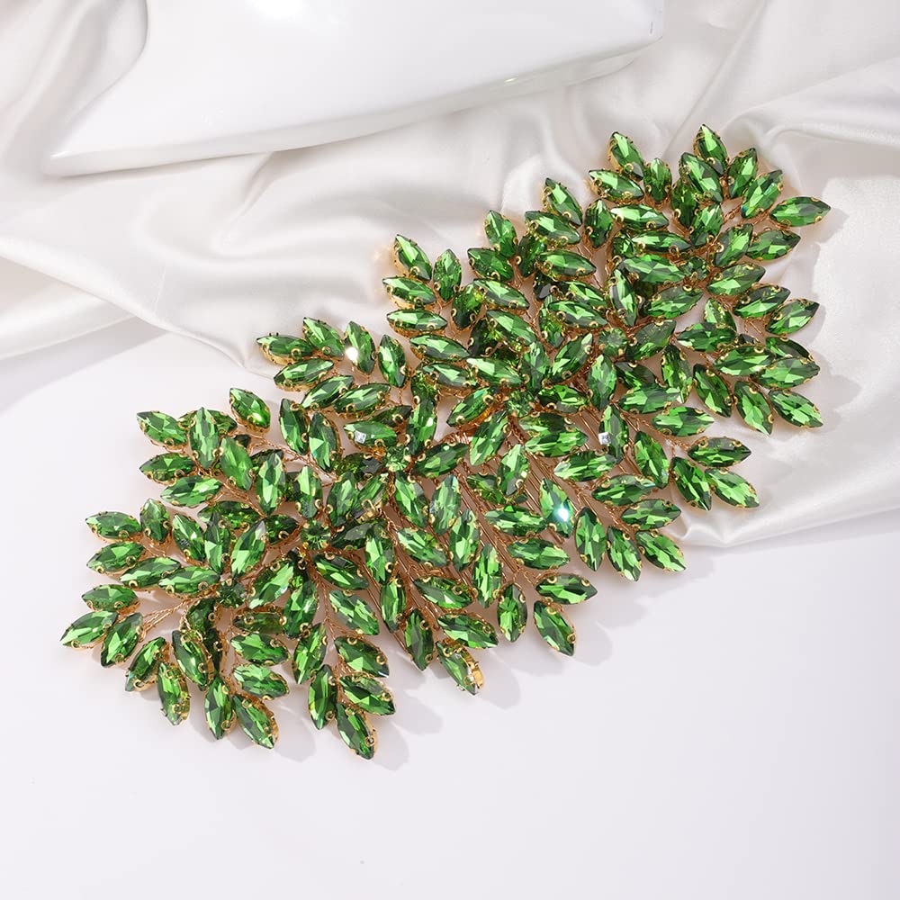 Teyglen Full Green Rhinestone Wedding Hair Comb Flower Bride Wedding Hair Comb Headband Luxurious Hair Accessories Crystal Bridal Side Comb Rhinestone Headpiece for Women Bride Girls (Green)