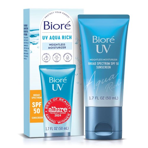 Biore UV Aqua Rich Daily Hydrating Facial Moisturizer with SPF 50 - Oil-Free Sunscreen & Primer for Makeup, 1.7 Oz