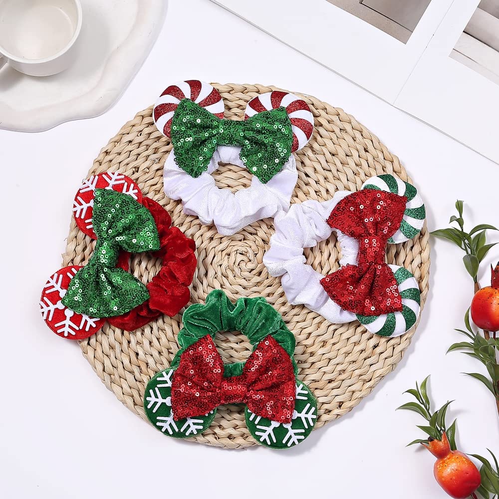 JIAHANG Christmas Velvet Mouse Ear Hair Scrunchies Lollipop Sequins Bow Ponytail Holder Festival Costume Hair Accessories for Women Girls (christmas set)