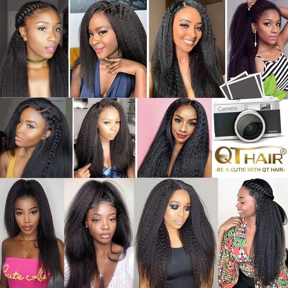 QTHAIR 14A Brazilian Human Hair Kinky Straight Bundles(20 22 24inch) Yaki Straight Human Hair 3 Bundles 100% Unprocessed Brazilian Virgin Human Hair Bundles Natural Color