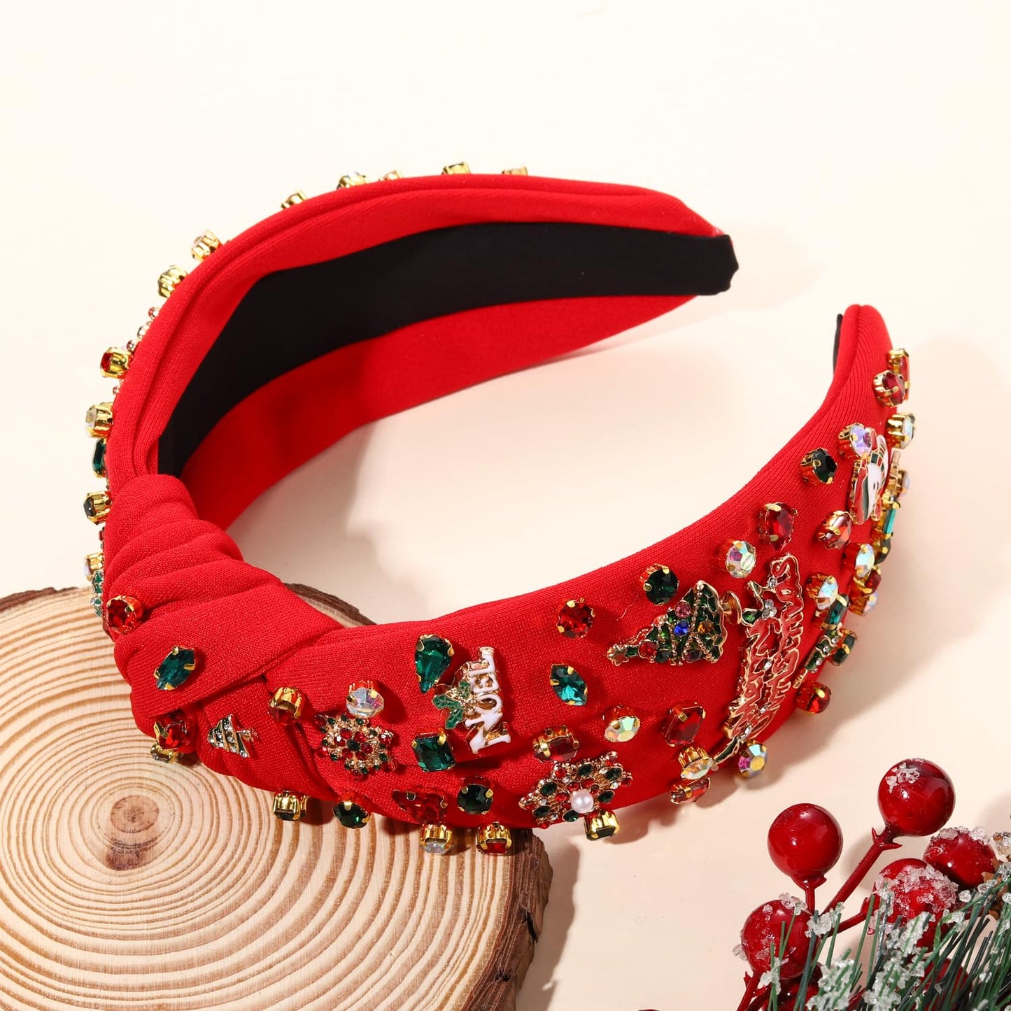 Christmas Holiday Headband for Women Christmas Accessories Reindeer Snowflake Candy Cane Knotted Headband Red Green Beaded Rhinestone Pearl Wide Top Knot Headband Xmas Plaid Hairband (Merry Christmas)