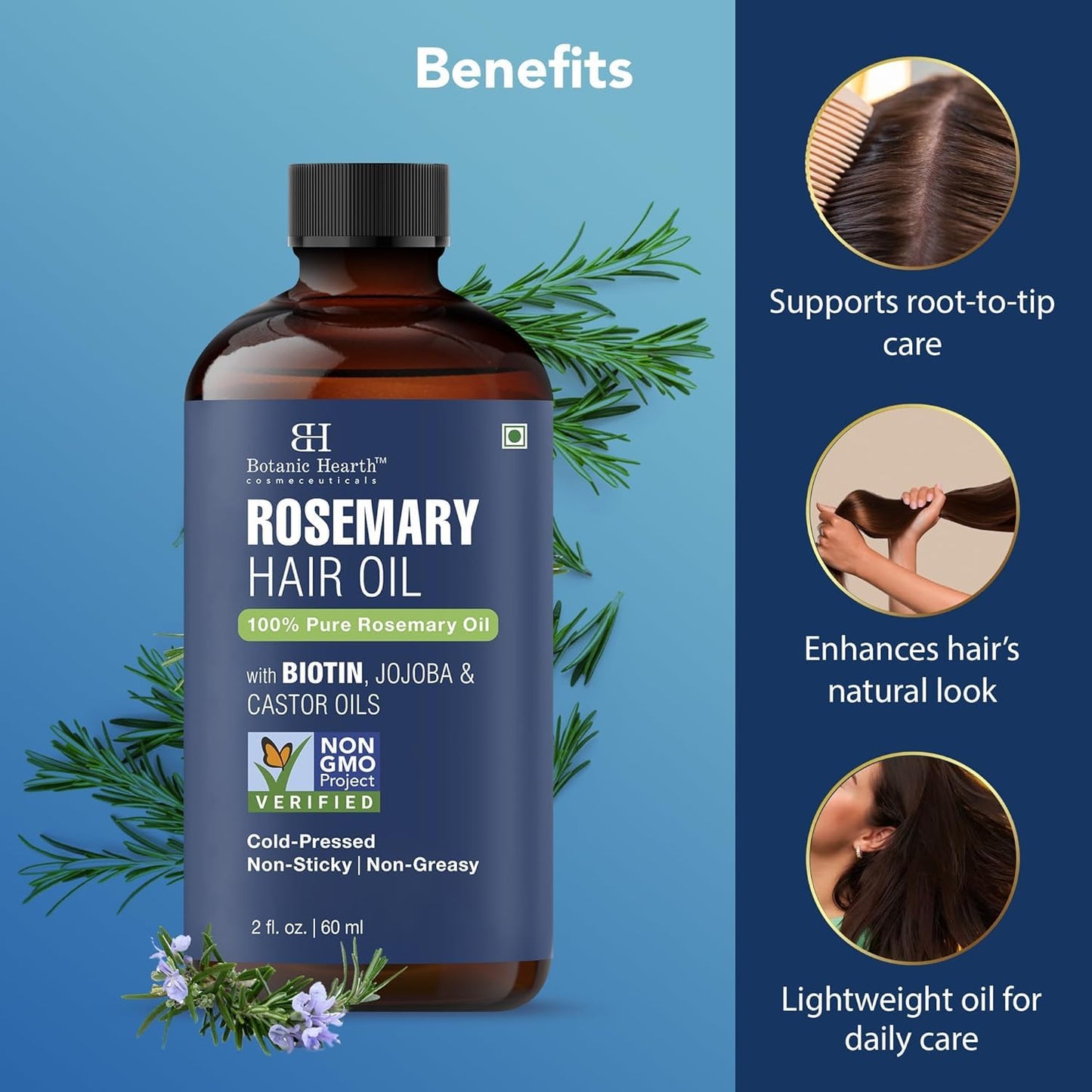 Botanic Hearth 100% Pure Rosemary Oil - Nourishing Hair Growth Treatment with Biotin & Jojoba Oil | 2 fl oz