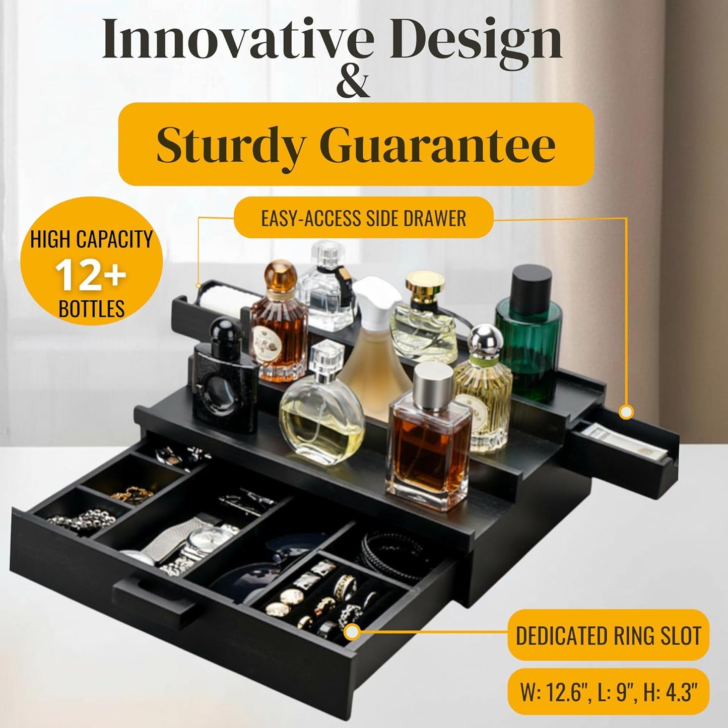 Skiennix Cologne Organizer for Men - Premium Stand with 2 Side-Opening Drawers & Jewelry Storage | Perfect Gift Idea